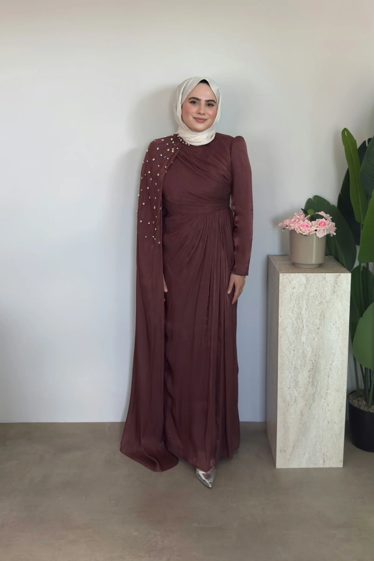Rima Premium Taşlı Elbise | Kiremit
