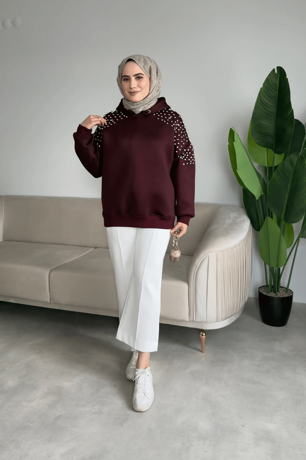 Scuba Taşlı Kapişonlu Sweat | Bordo