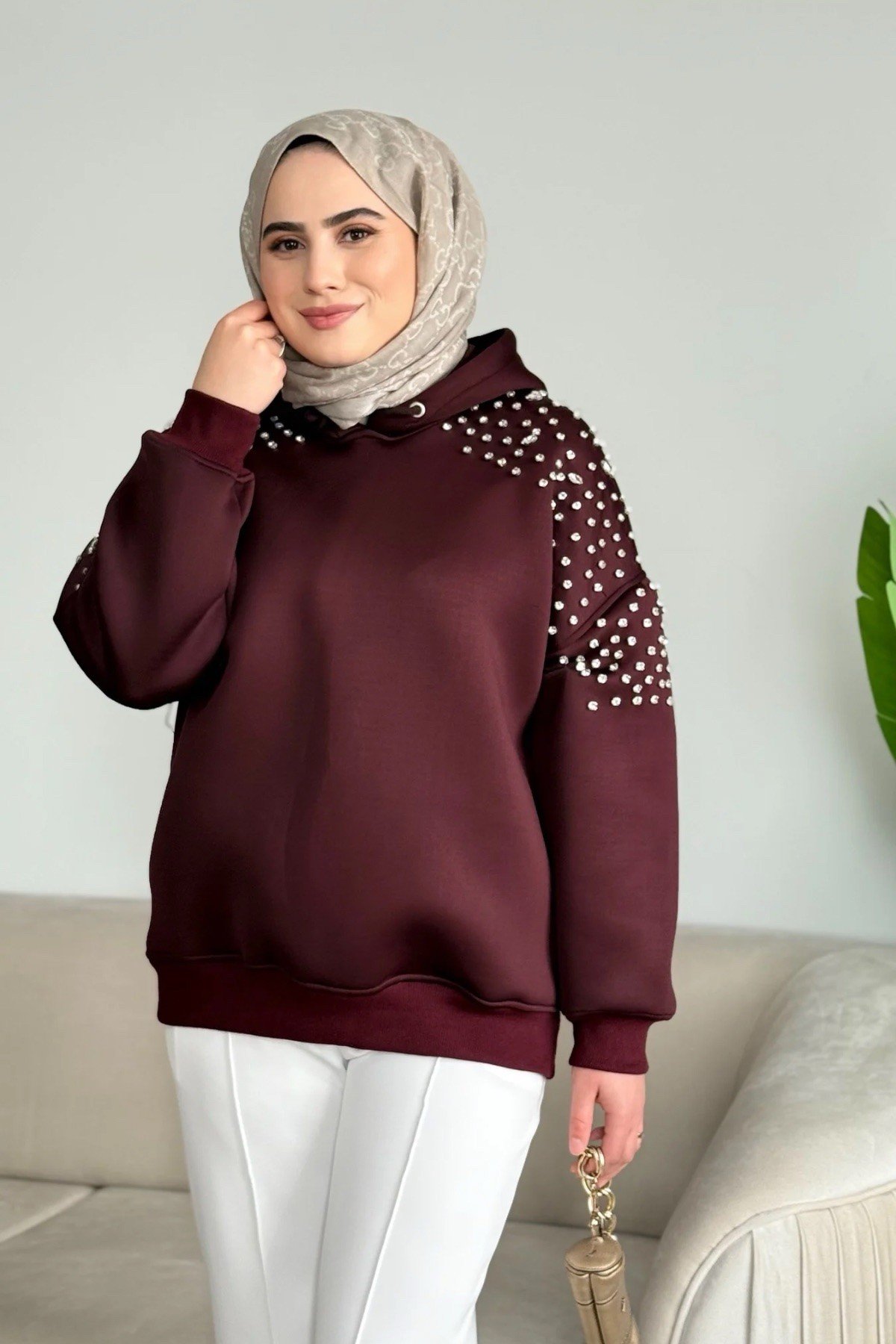 Scuba Taşlı Kapişonlu Sweat | Bordo