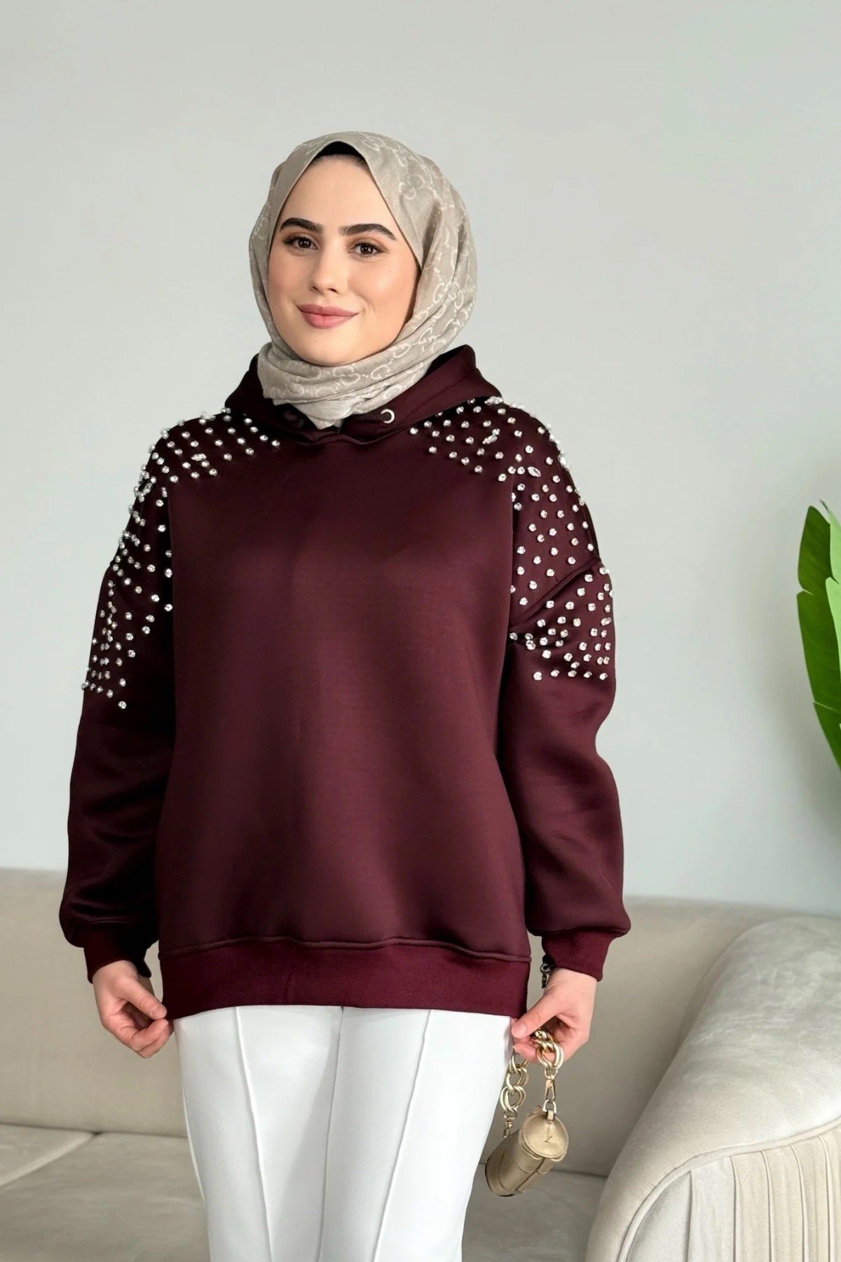 Scuba Taşlı Kapişonlu Sweat | Bordo