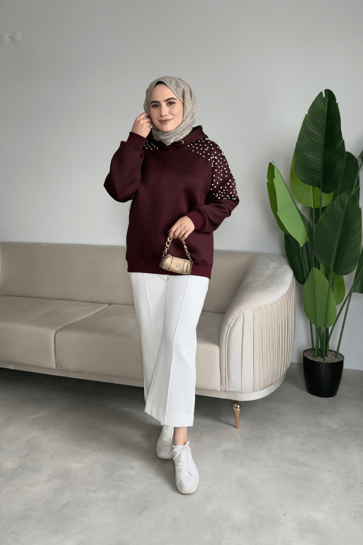 Scuba Taşlı Kapişonlu Sweat | Bordo