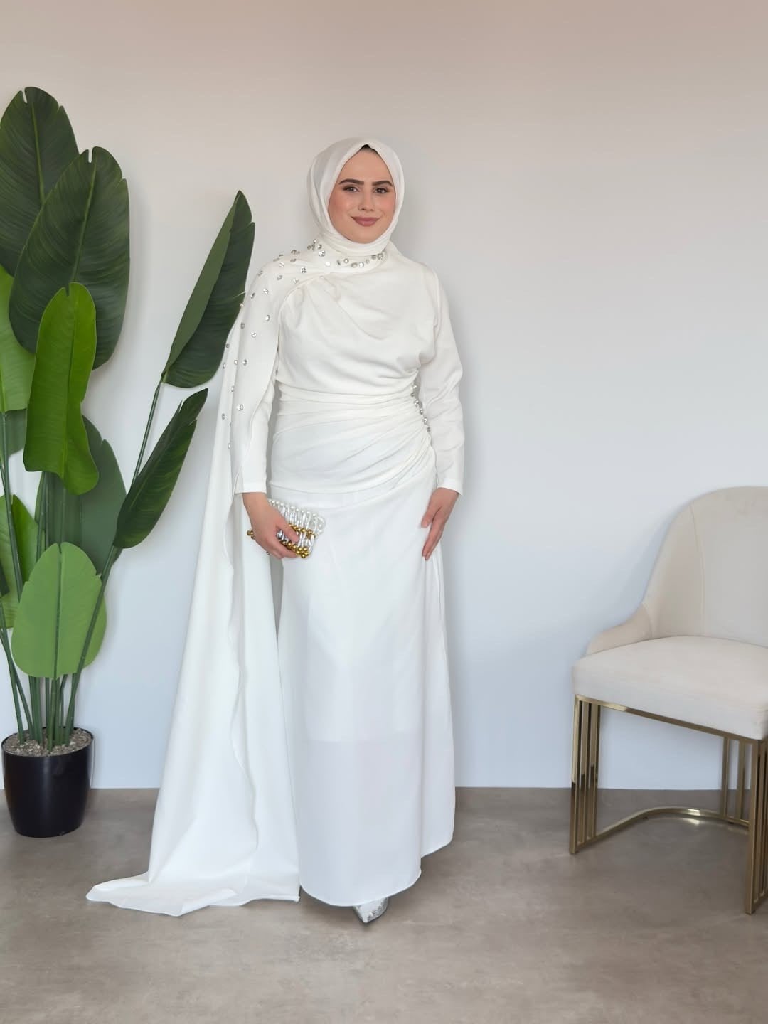 Sedef Premium Taşlı Elbise - Beyaz