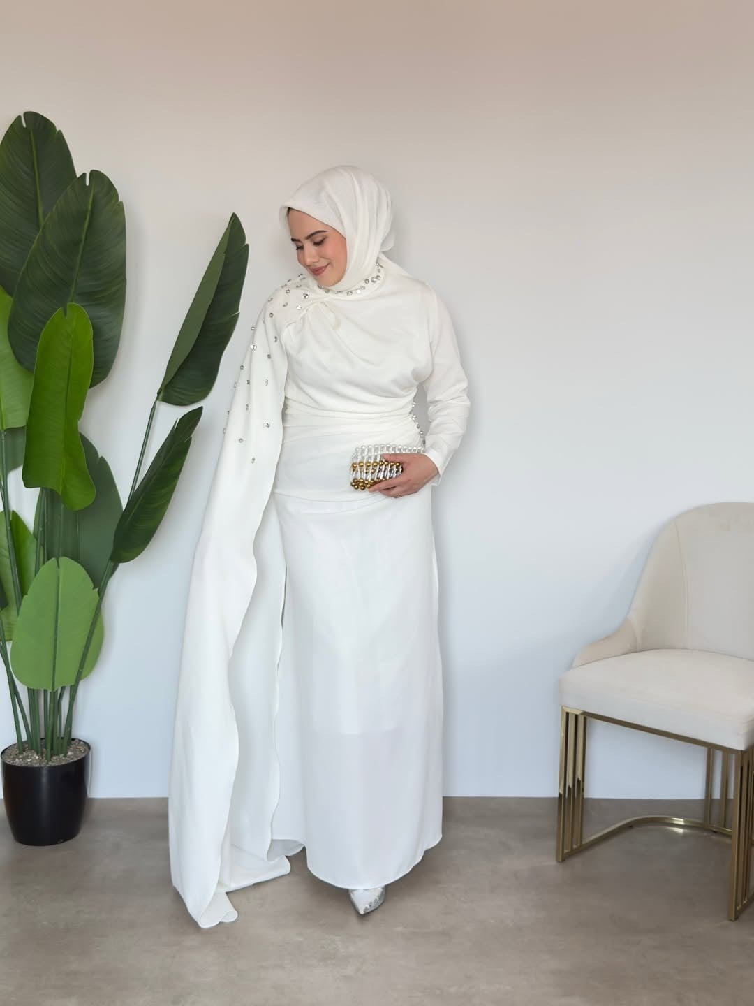 Sedef Premium Taşlı Elbise - Beyaz