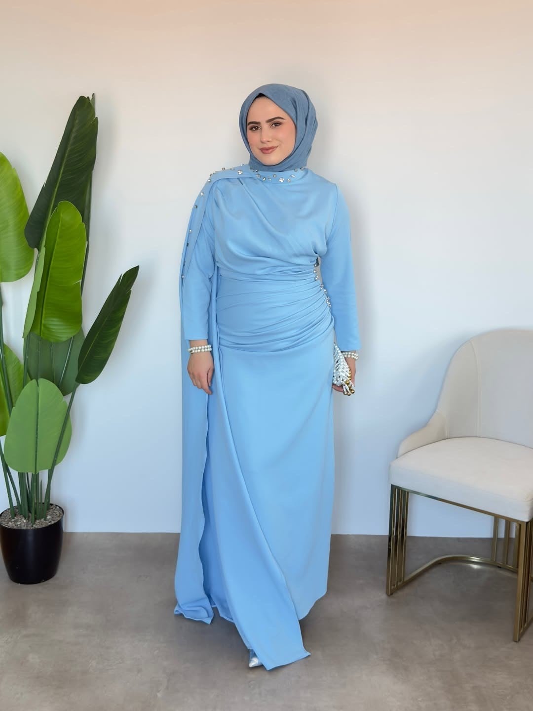 Sedef Premium Taşlı Elbise - Mavi