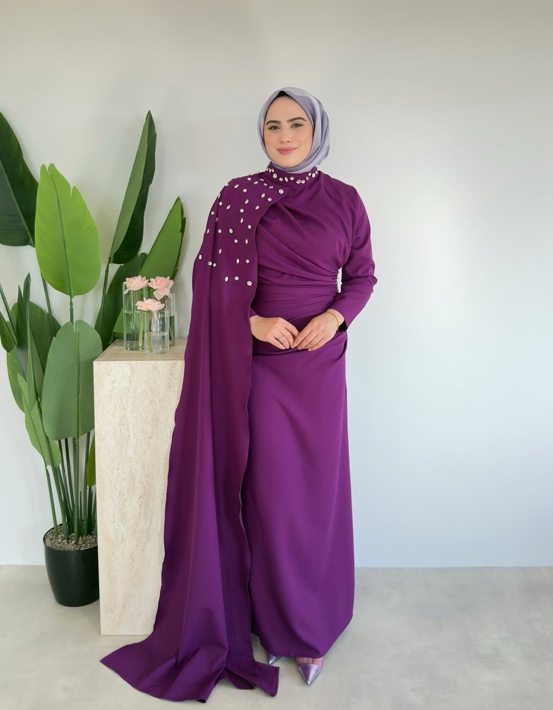 Sedef Premium Taşlı Elbise - Mürdüm