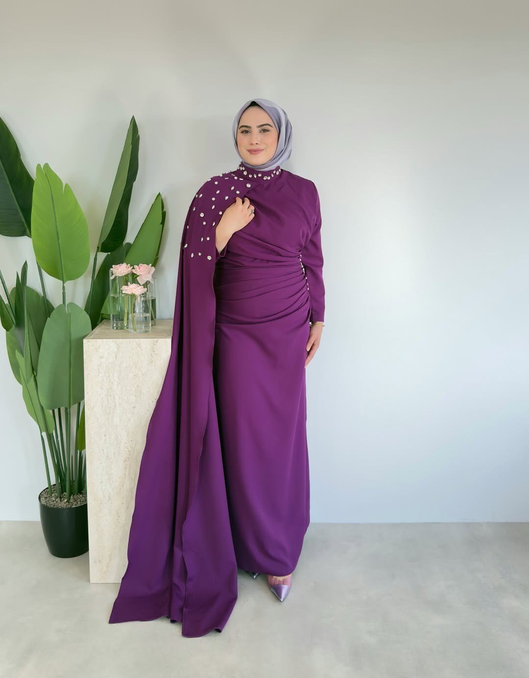 Sedef Premium Taşlı Elbise - Mürdüm
