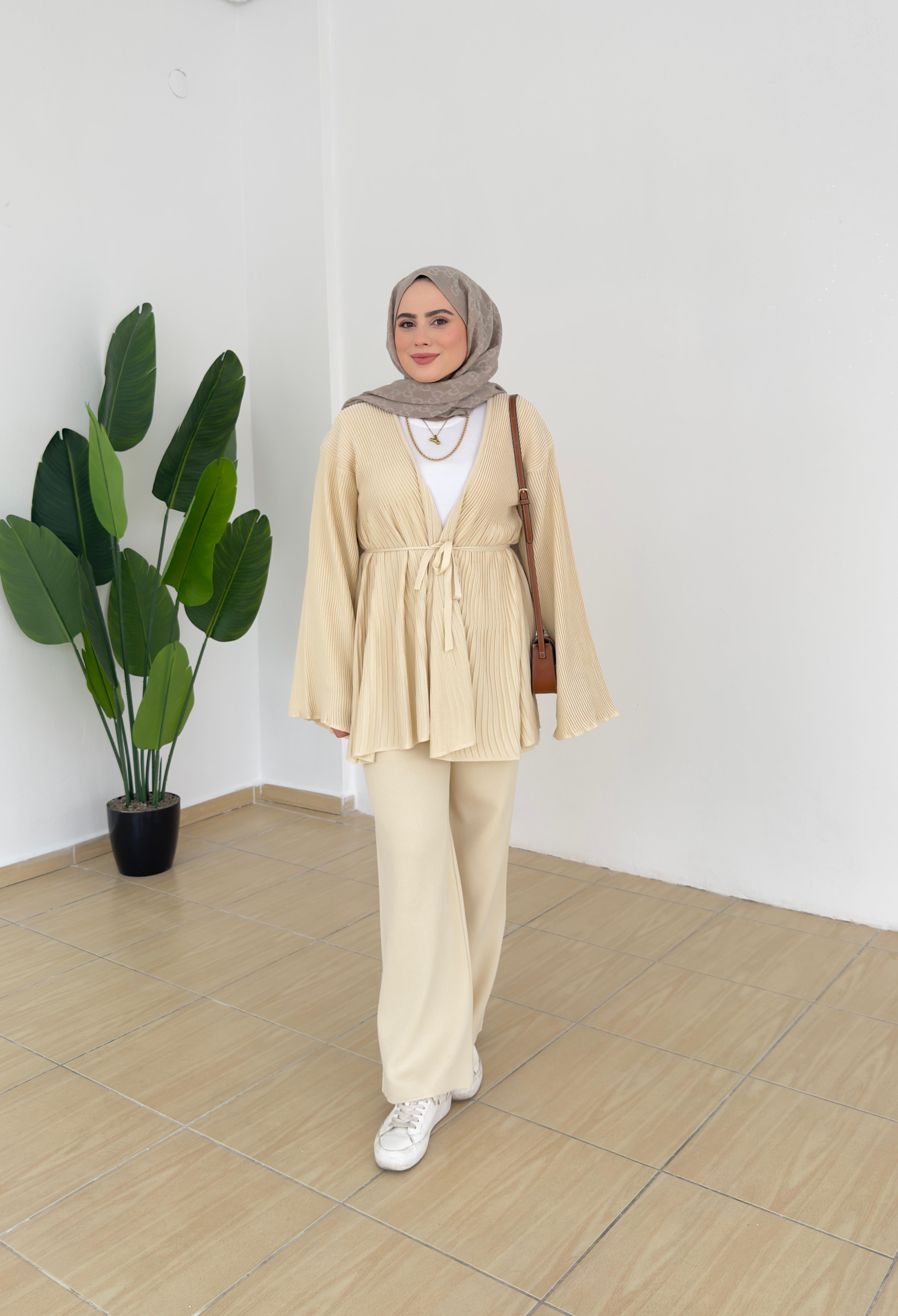 Triko Kimono Takım - Krem