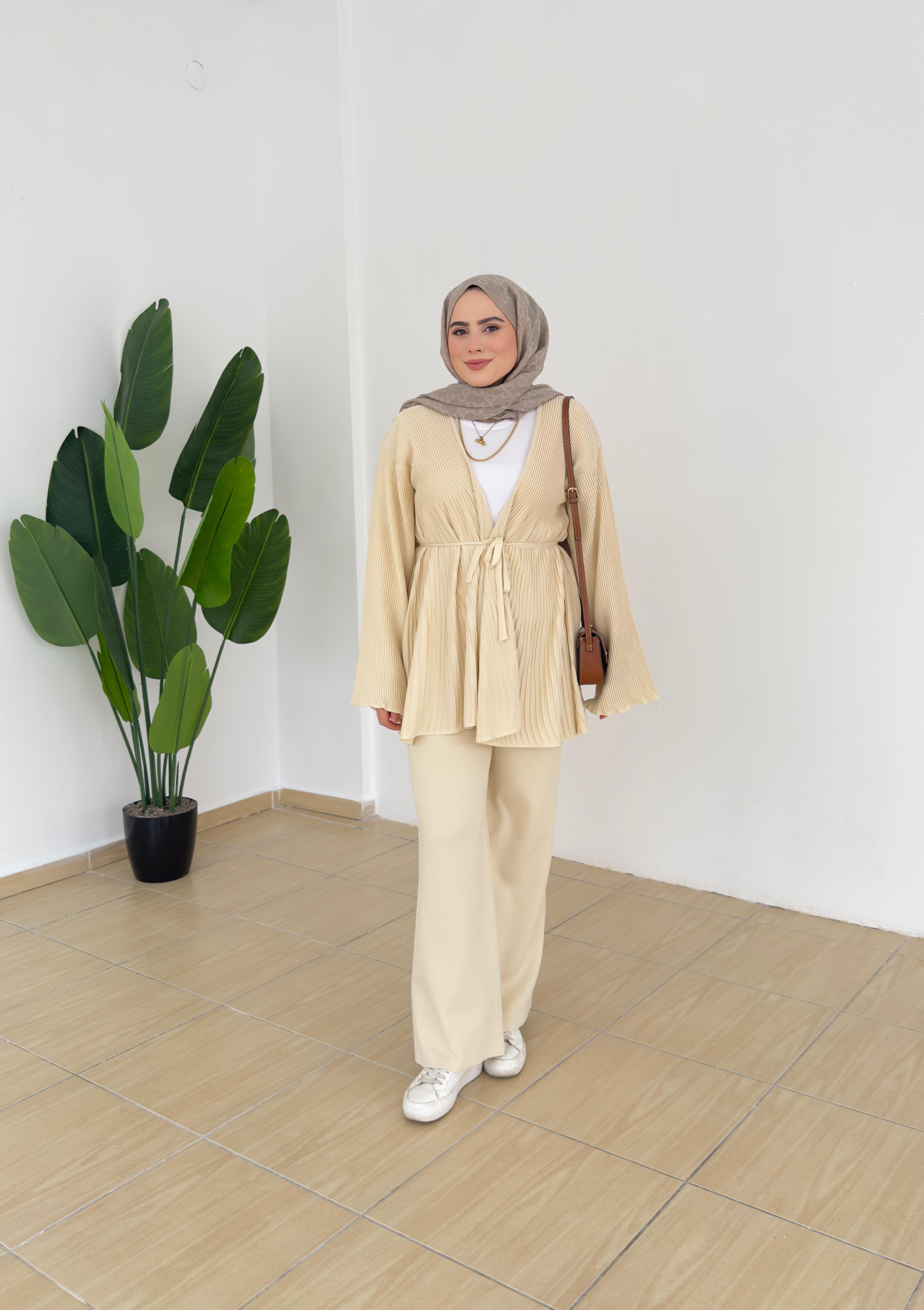 Triko Kimono Takım - Krem