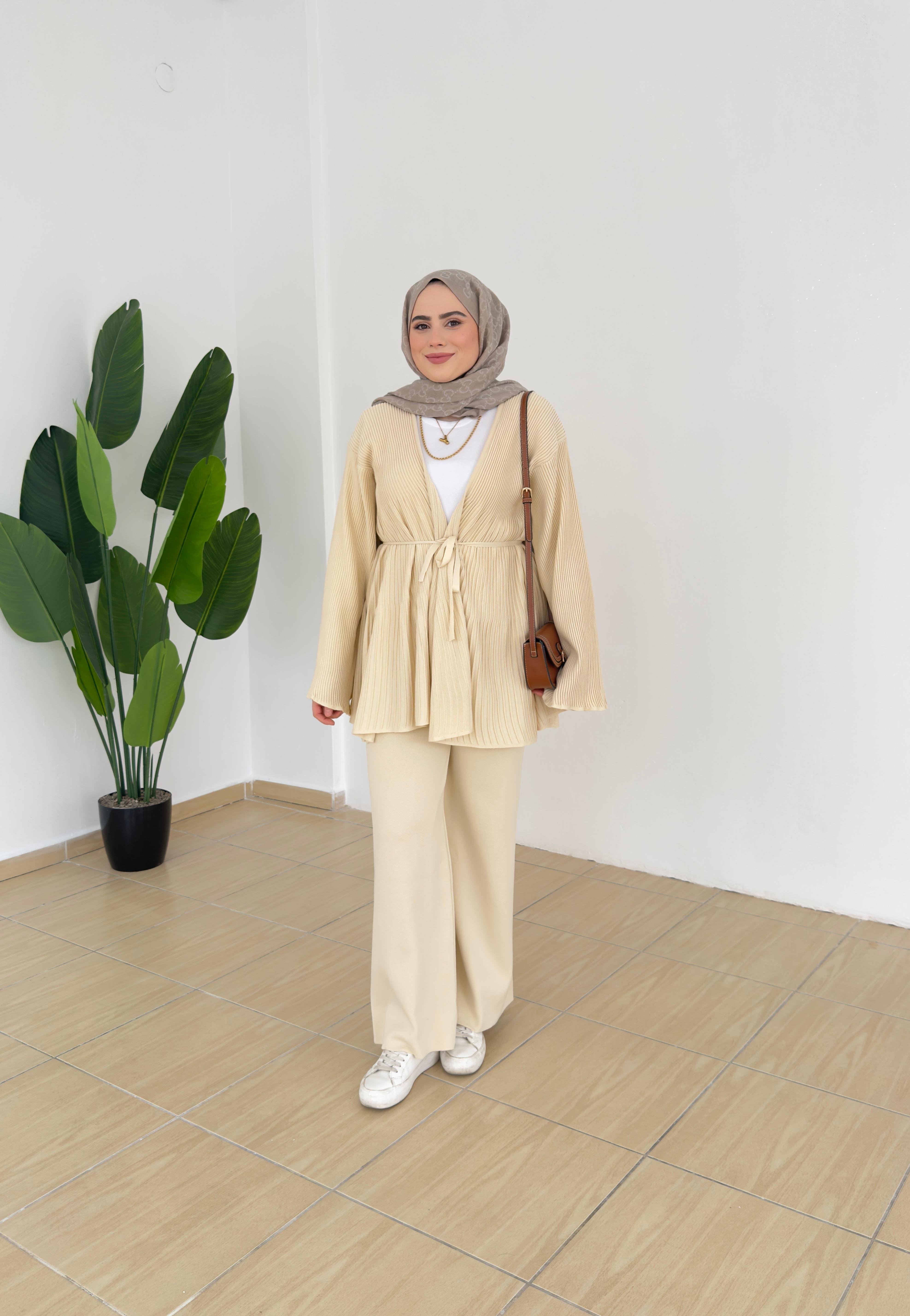 Triko Kimono Takım - Krem