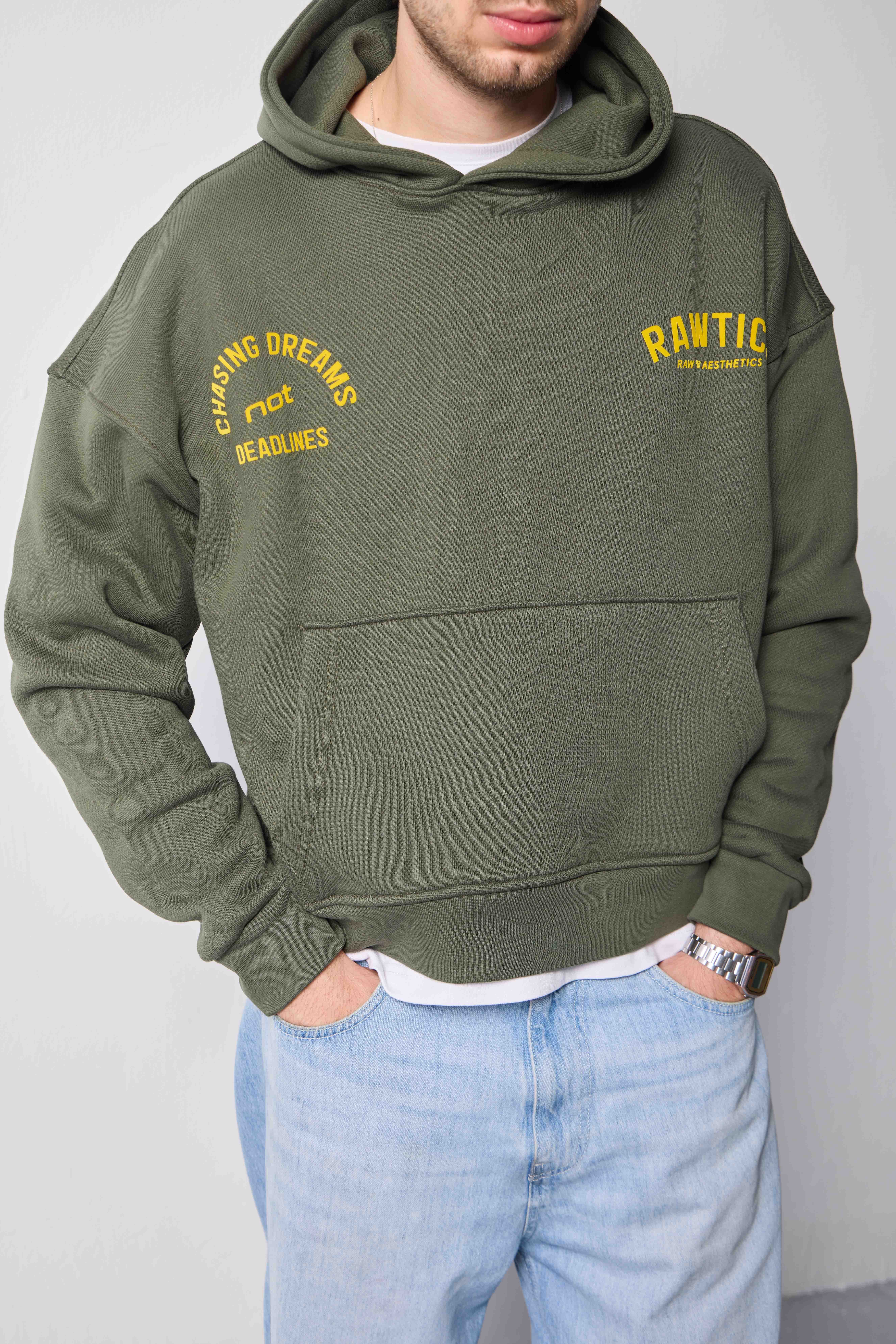 %100 PAMUKLU DİYAGONAL HAKİ CROPPED FIT HOODIE