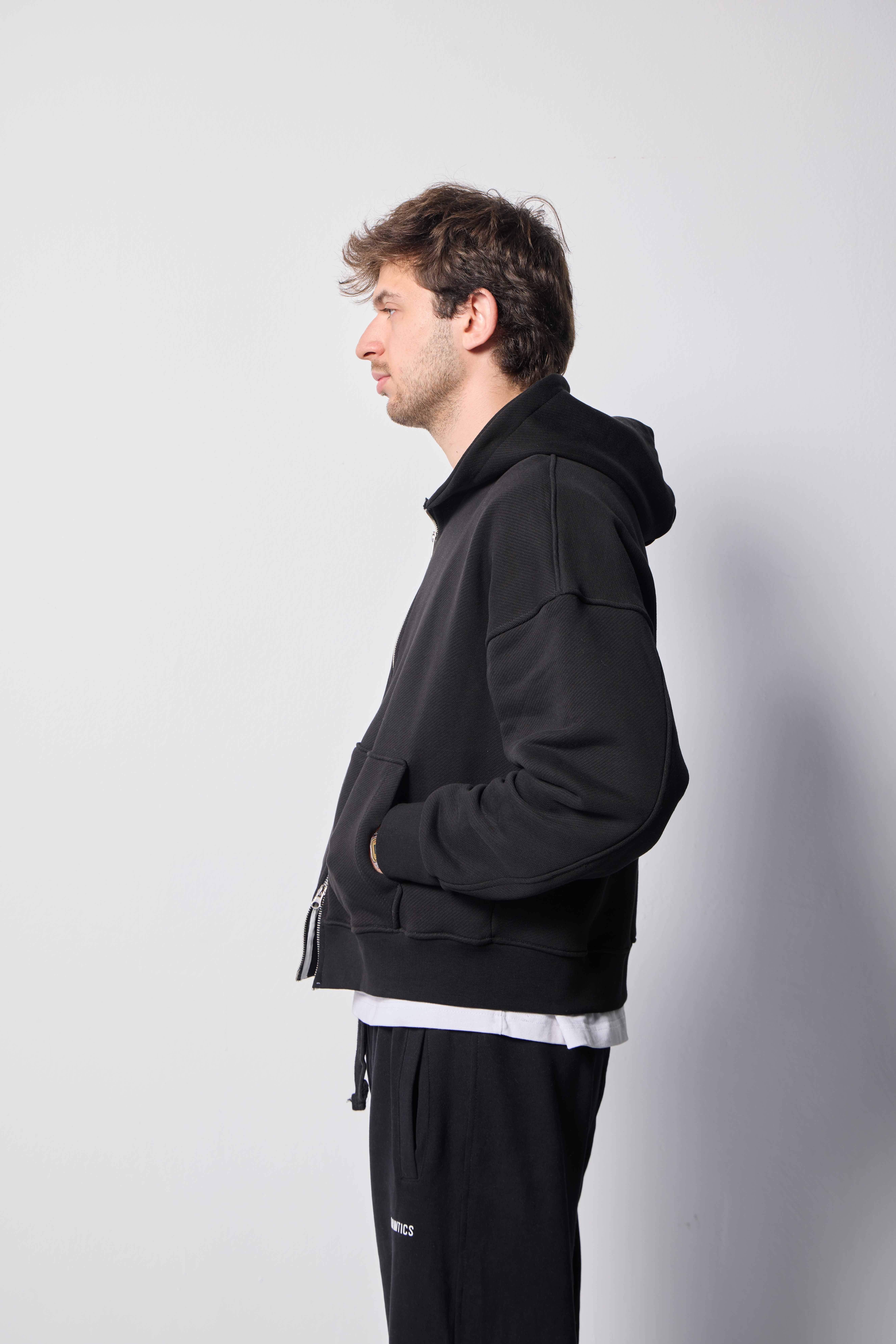 %100 PAMUKLU DİYAGONAL SİYAH CROP FIT ZIP HOODIE