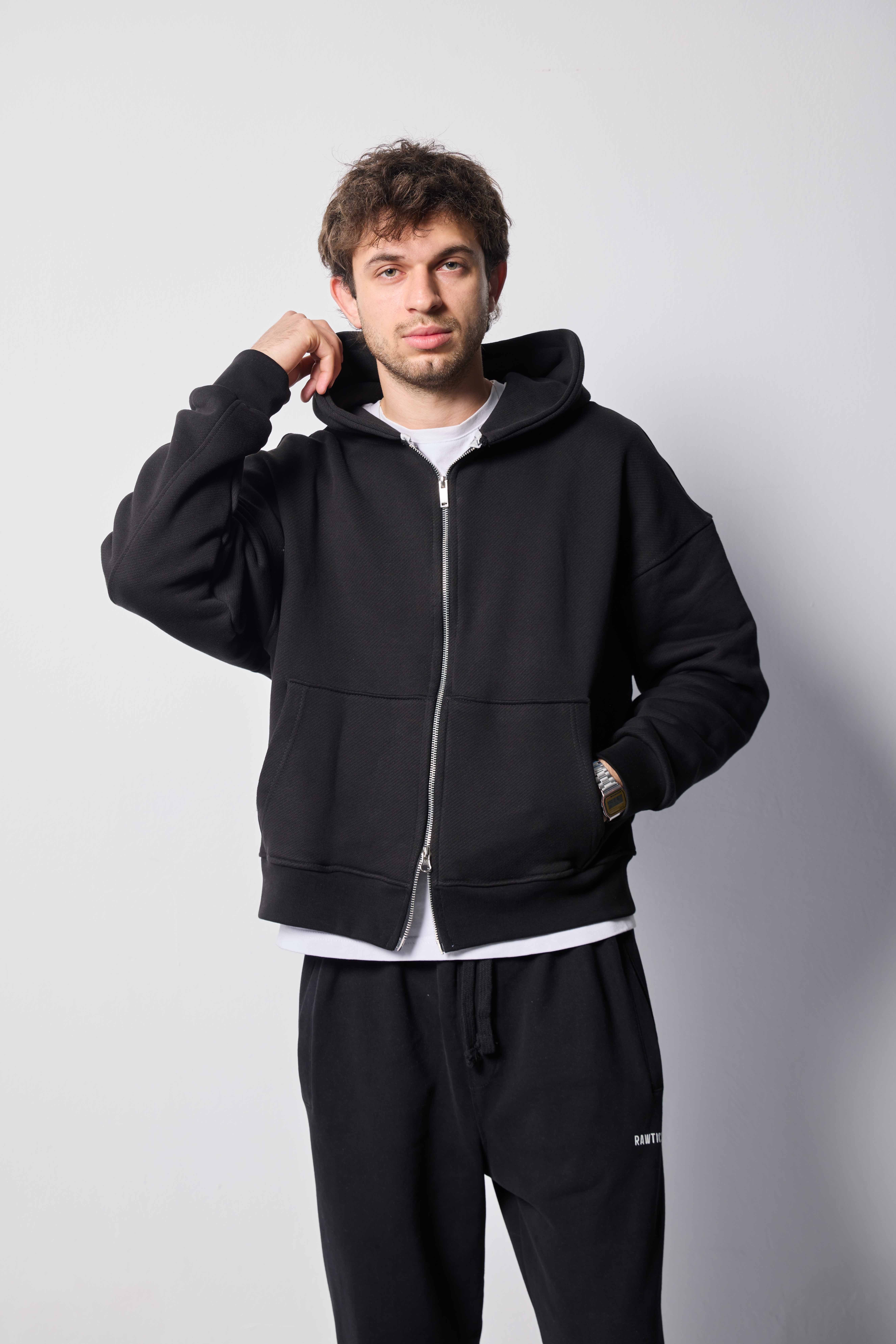 %100 PAMUKLU DİYAGONAL SİYAH CROP FIT ZIP HOODIE