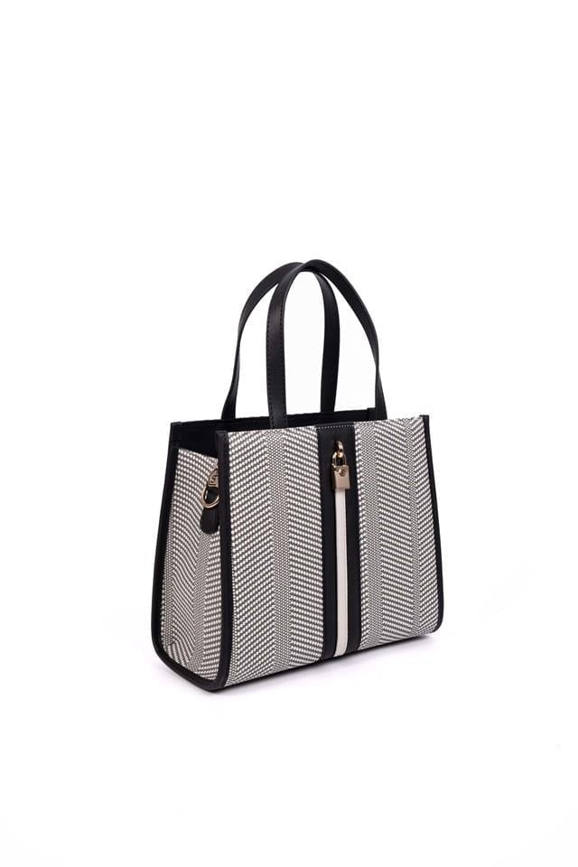 Silver & Polo SP1188 Kadın El Çantası Hasır Siyah Beyaz-Siyah Kemik