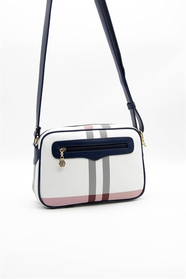 Silver & Polo SP491 Kadın Çapraz Çanta Ekose Beyaz-Lacivert