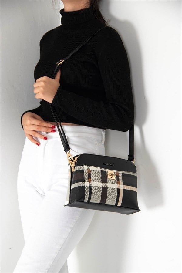 Silver & Polo SP623 Kadın Çapraz Çanta Ekose Siyah