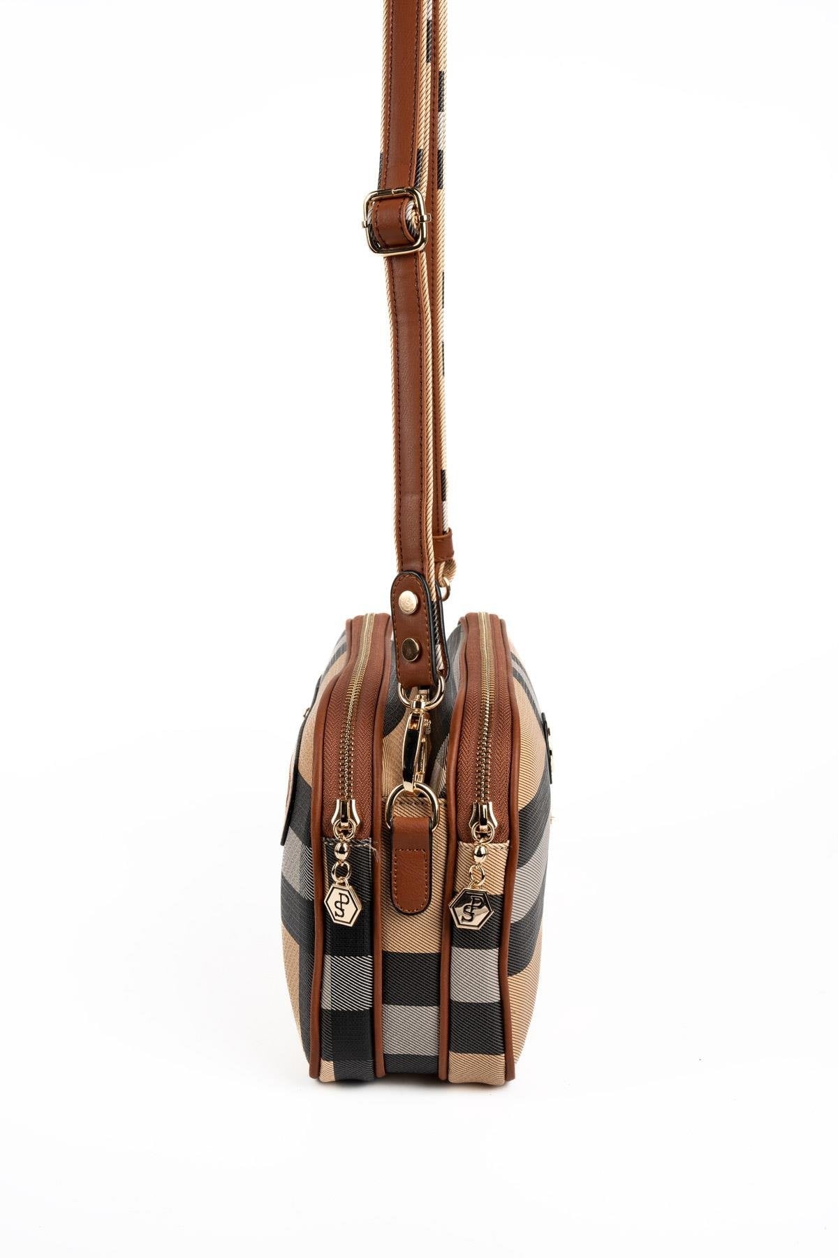 Silver & Polo SP745 Kadın Çapraz Çanta Ekose Bej-Taba