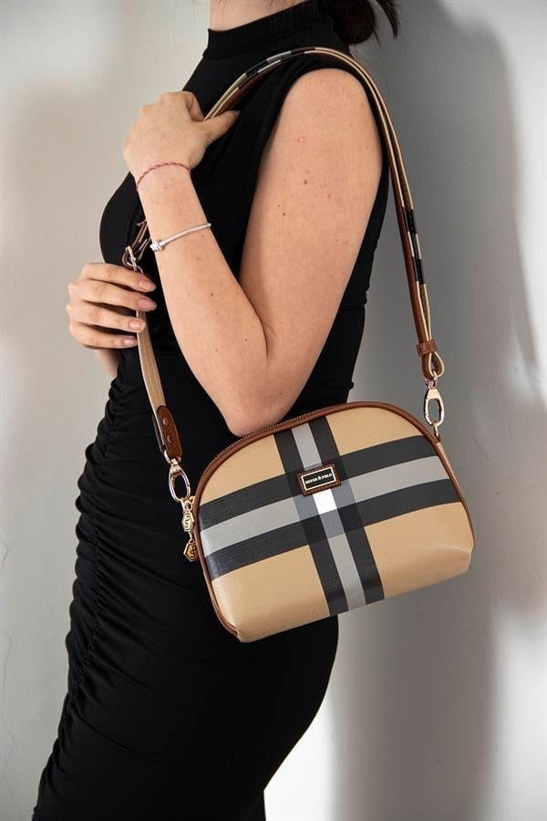 Silver & Polo SP765 Kadın Çapraz Çanta Ekose Bej-Taba