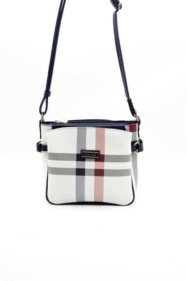 Silver & Polo SP884 Kadın Çapraz Çanta Ekose Beyaz-Lacivert