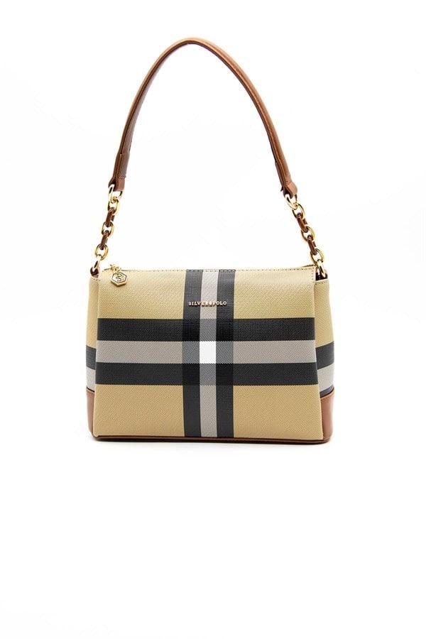 Silver & Polo SP910 Kadın Çapraz Çanta Ekose Bej-Taba
