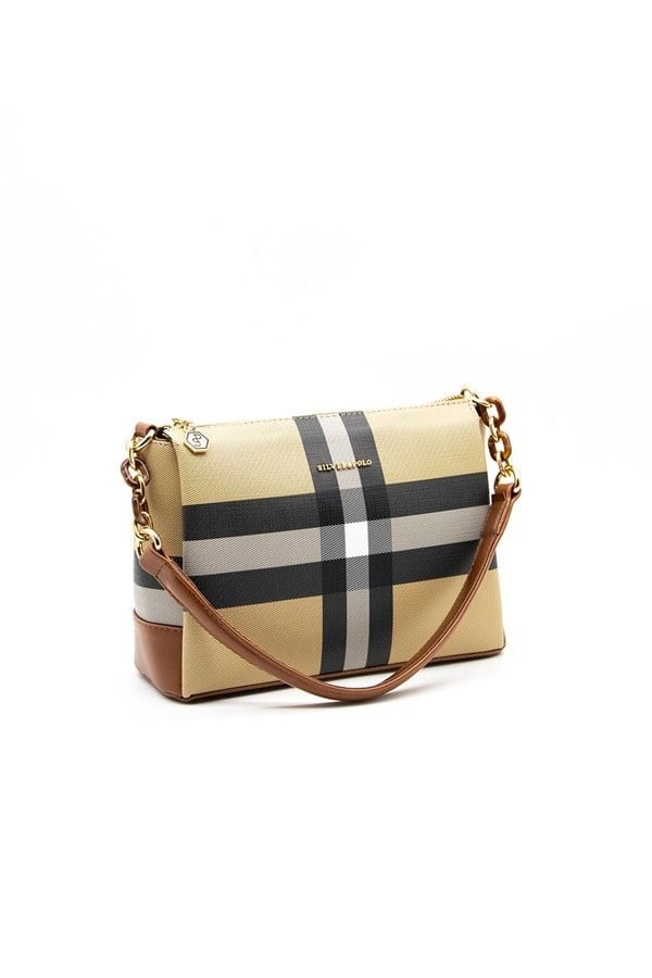 Silver & Polo SP910 Kadın Çapraz Çanta Ekose Bej-Taba