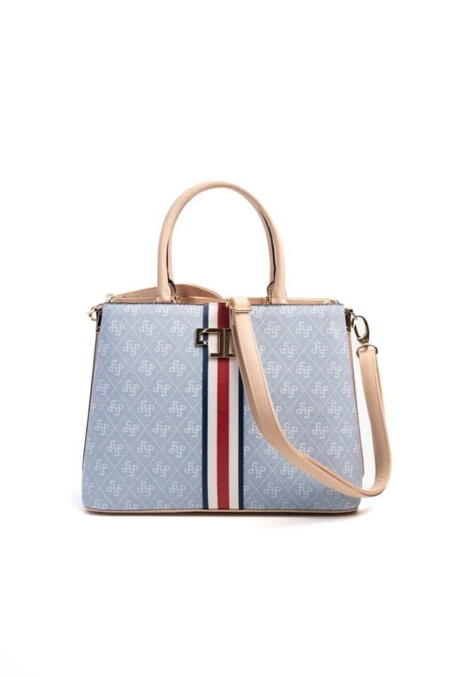 Silver & Polo SP924 Kadın El Çantası Şeritli Monogram Mavi-Ten