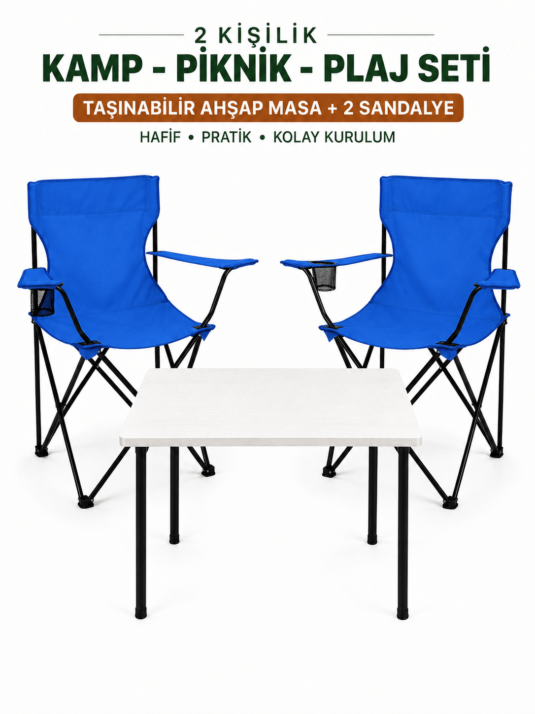 2 Sandalyeli Katlanır Kamp Masa Sandalye Seti 60x45 cm 3 Parça