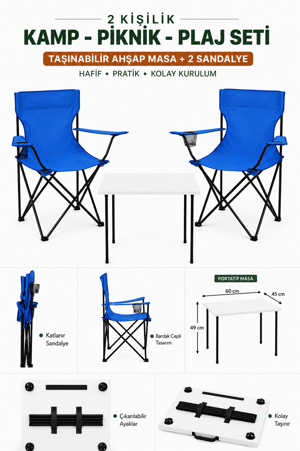 2 Sandalyeli Katlanır Kamp Masa Sandalye Seti 60x45 cm 3 Parça