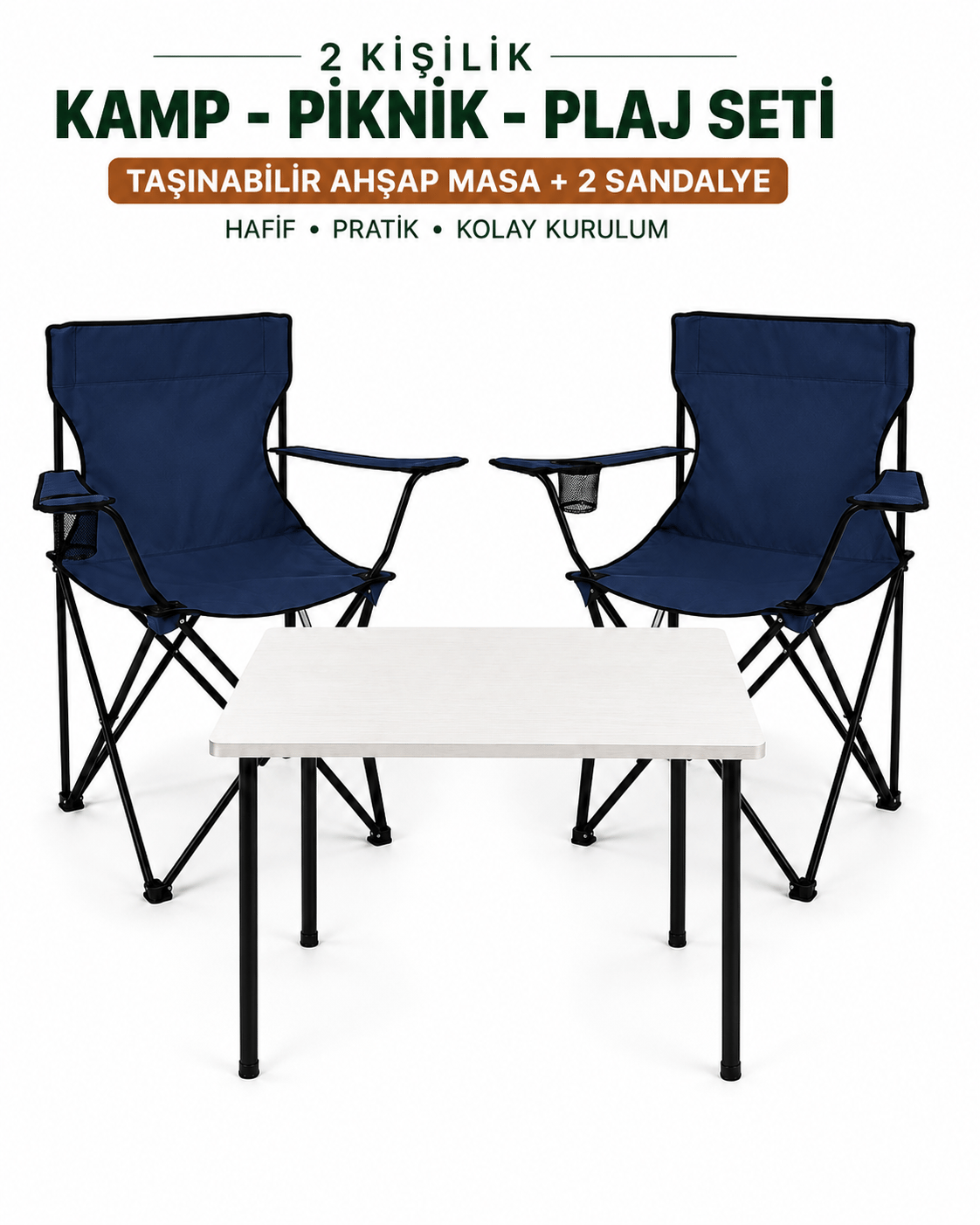 2 Sandalyeli Katlanır Kamp Masa Sandalye Seti 60x45 cm 3 Parça