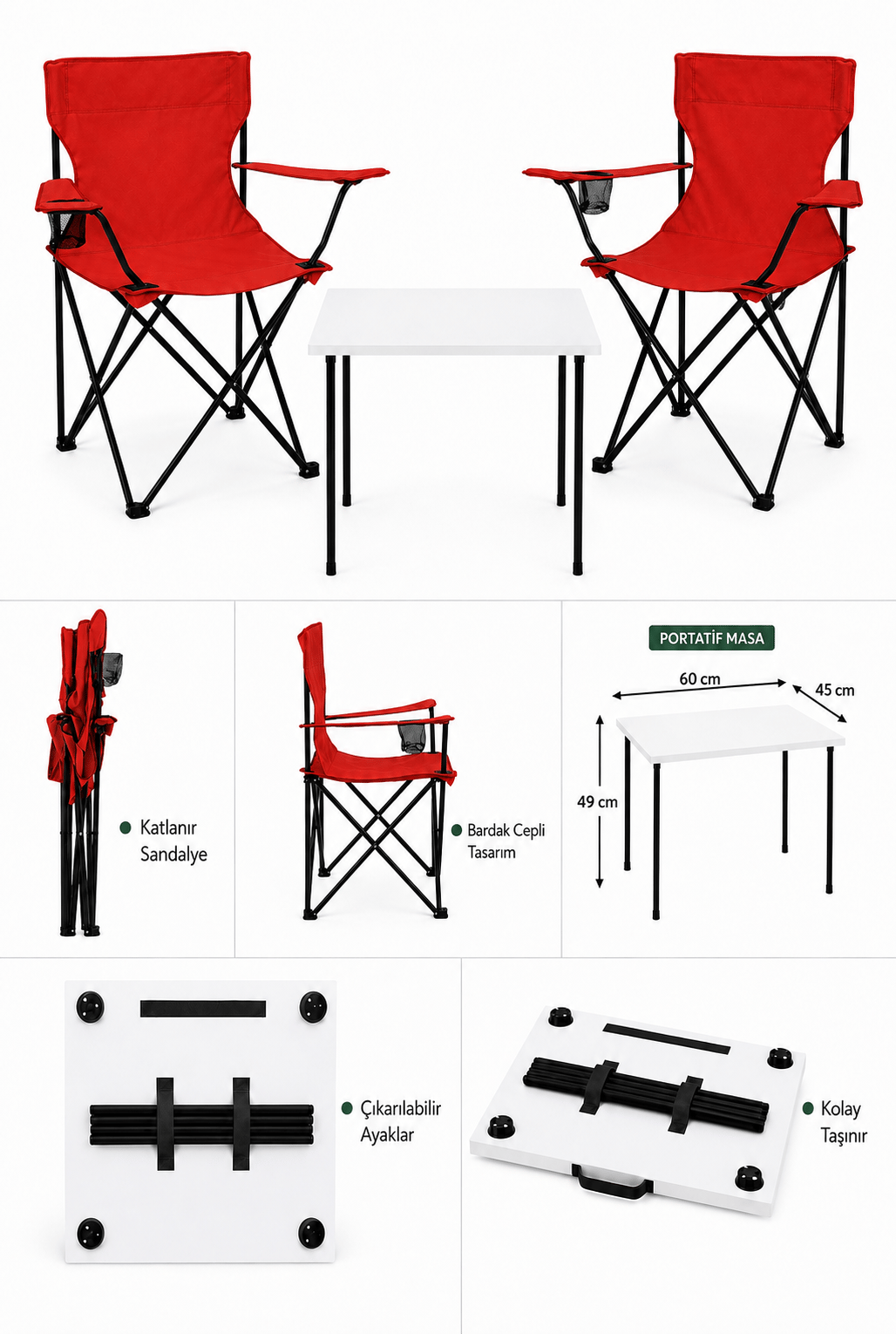 2 Sandalyeli Katlanır Kamp Masa Sandalye Seti 60x45 cm 3 Parça