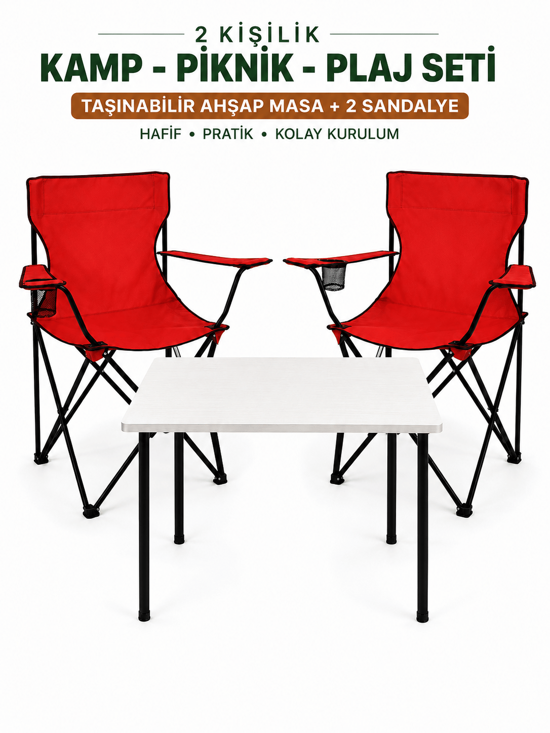 2 Sandalyeli Katlanır Kamp Masa Sandalye Seti 60x45 cm 3 Parça