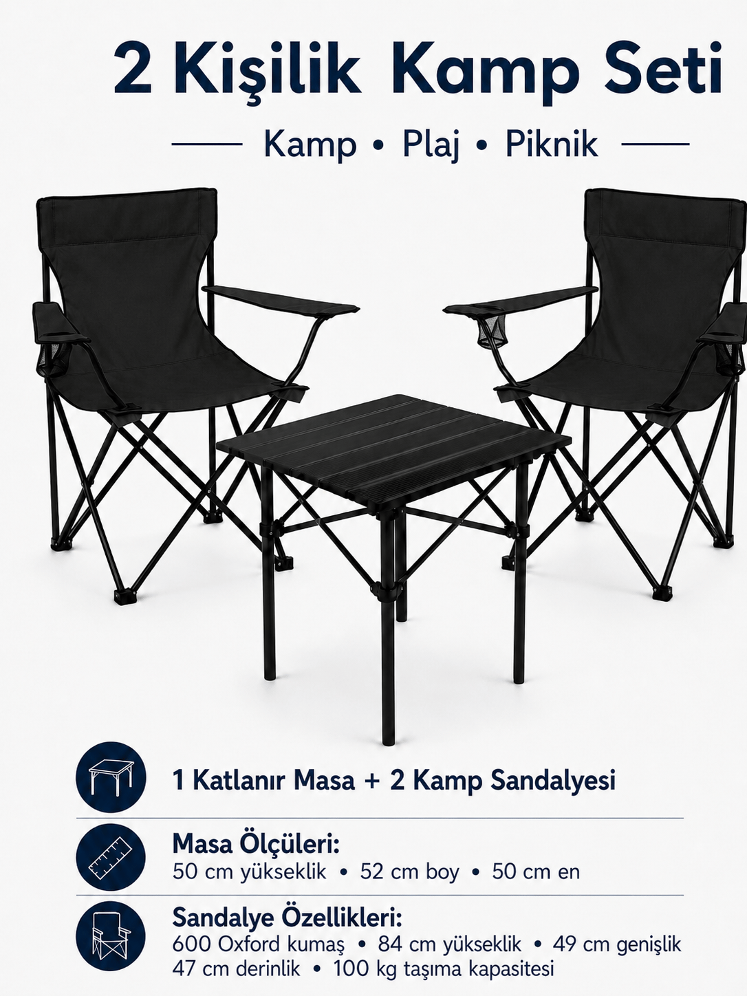 2 Sandalyeli Katlanır Kamp Seti 52 cm Masa ve Sandalye
