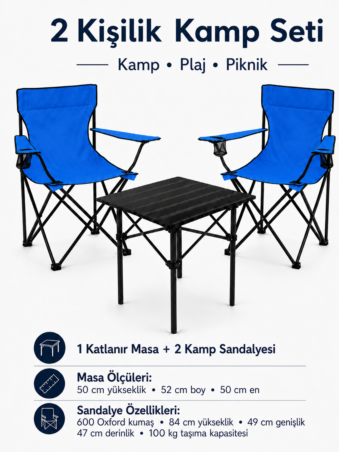 2 Sandalyeli Katlanır Kamp Seti 52 cm Masa ve Sandalye