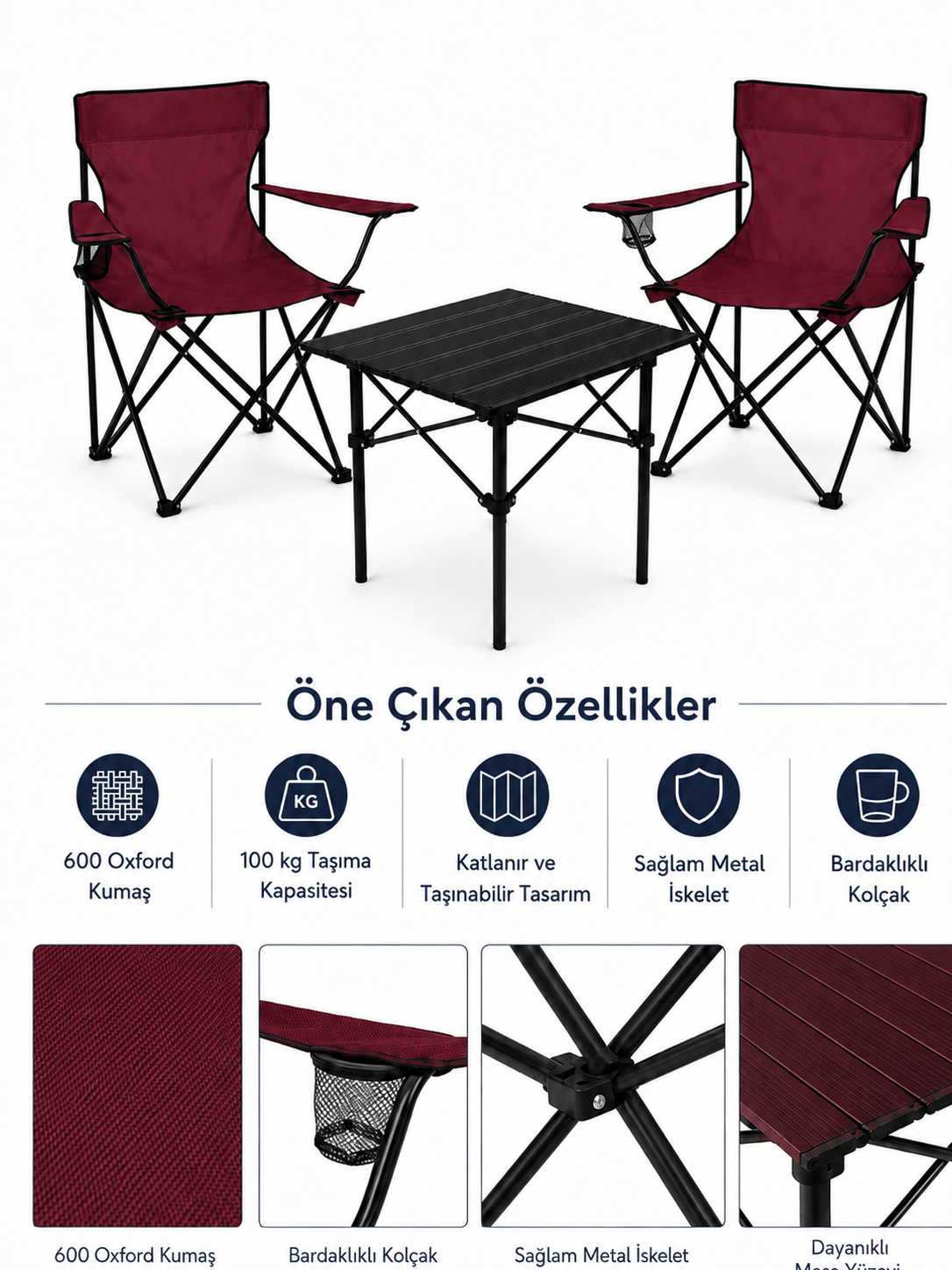 2 Sandalyeli Katlanır Kamp Seti 52 cm Masa ve Sandalye