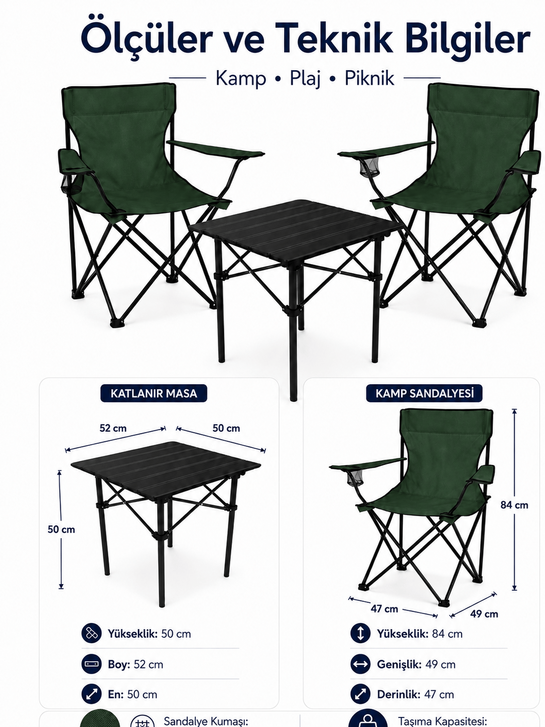 2 Sandalyeli Katlanır Kamp Seti 52 cm Masa ve Sandalye
