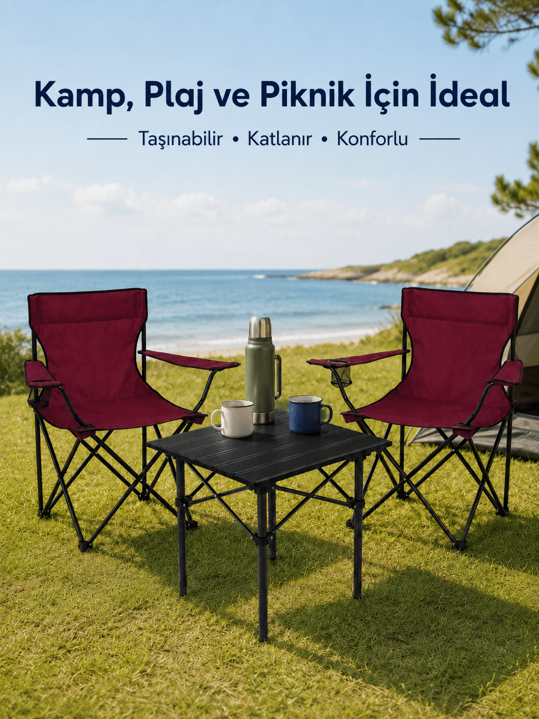 2 Sandalyeli Katlanır Kamp Seti 52 cm Masa ve Sandalye