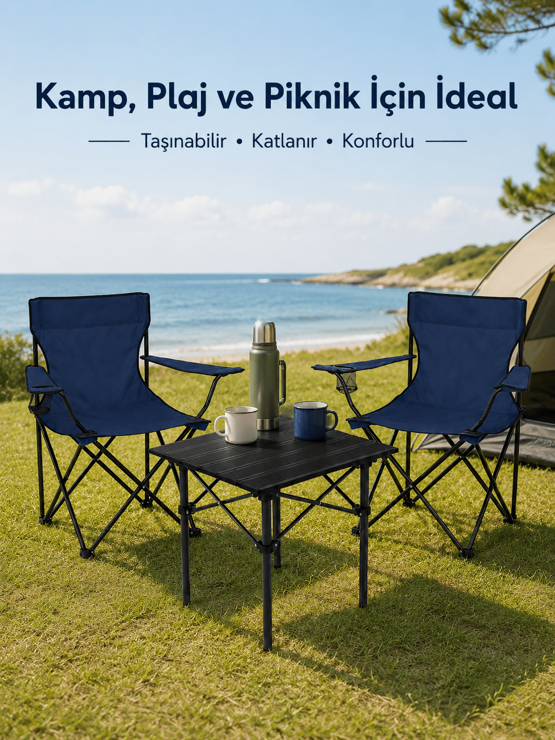 2 Sandalyeli Katlanır Kamp Seti 52 cm Masa ve Sandalye