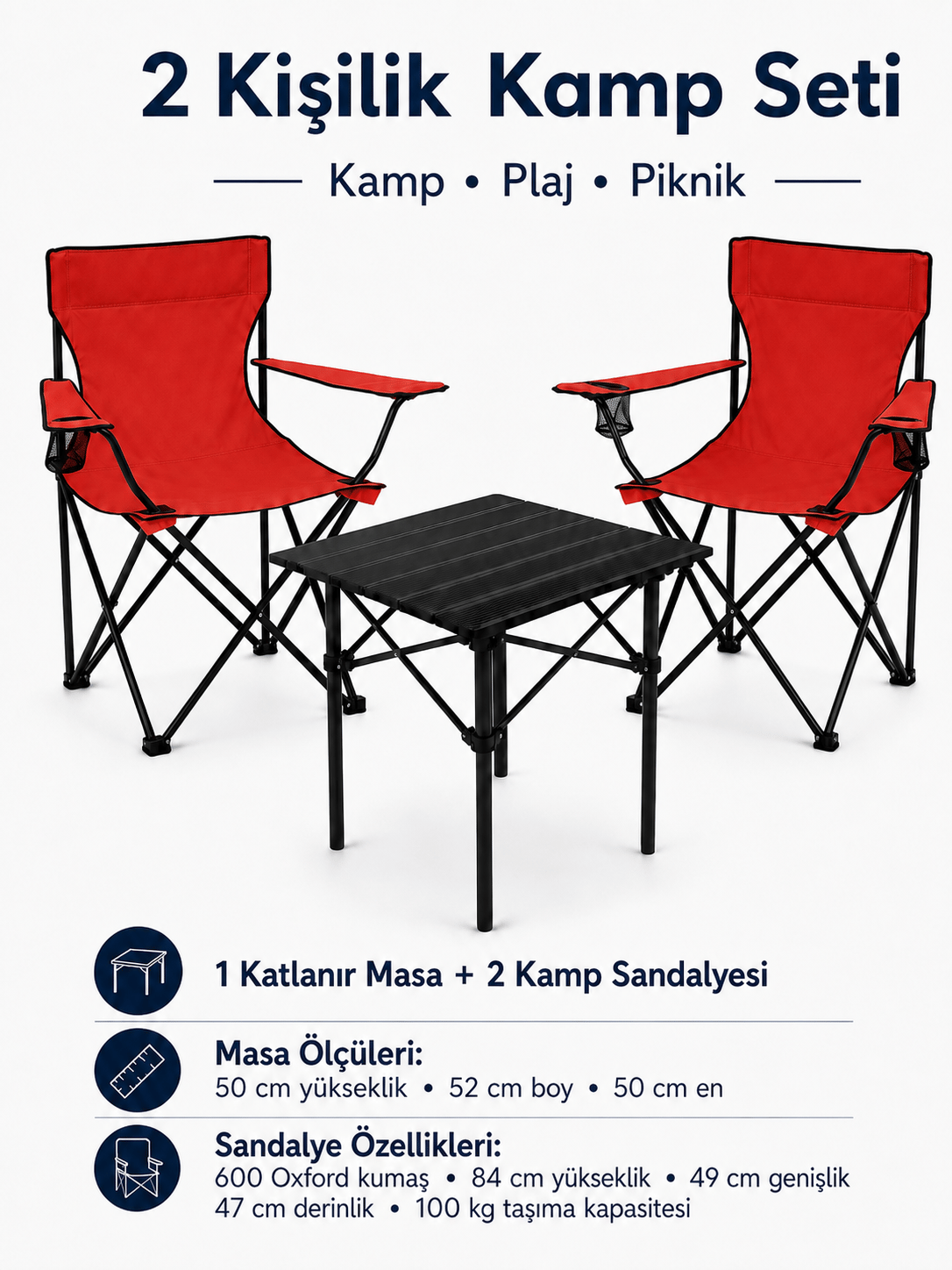 2 Sandalyeli Katlanır Kamp Seti 52 cm Masa ve Sandalye