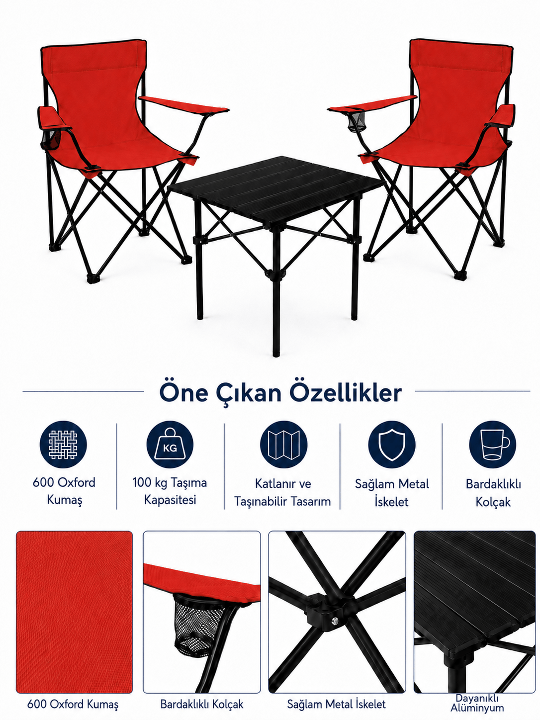 2 Sandalyeli Katlanır Kamp Seti 52 cm Masa ve Sandalye