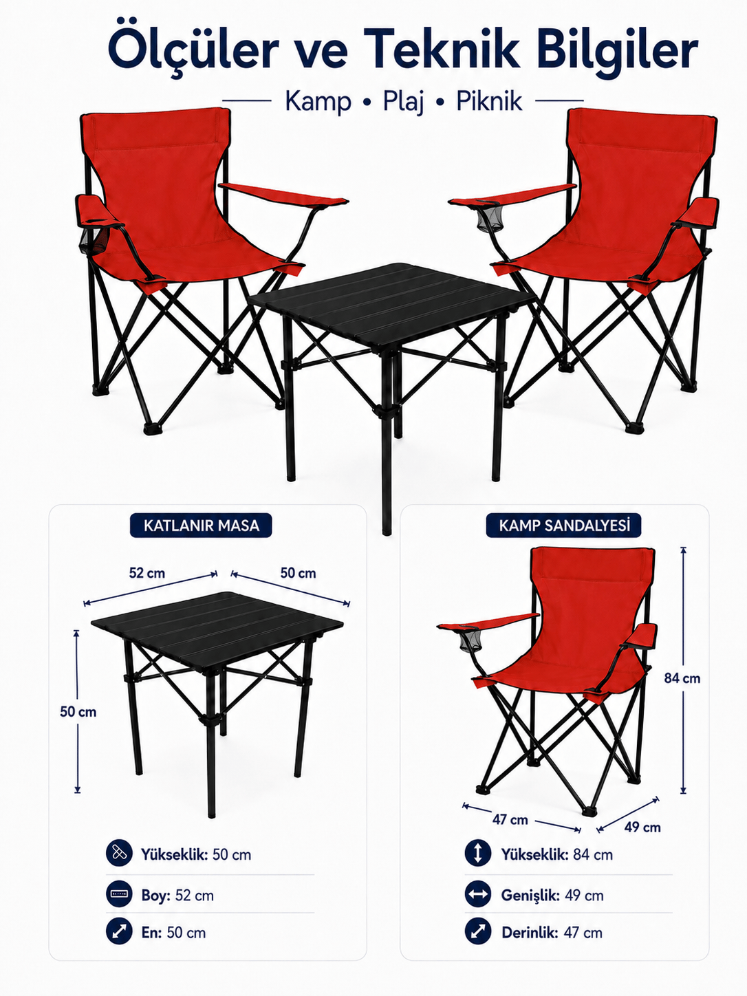 2 Sandalyeli Katlanır Kamp Seti 52 cm Masa ve Sandalye