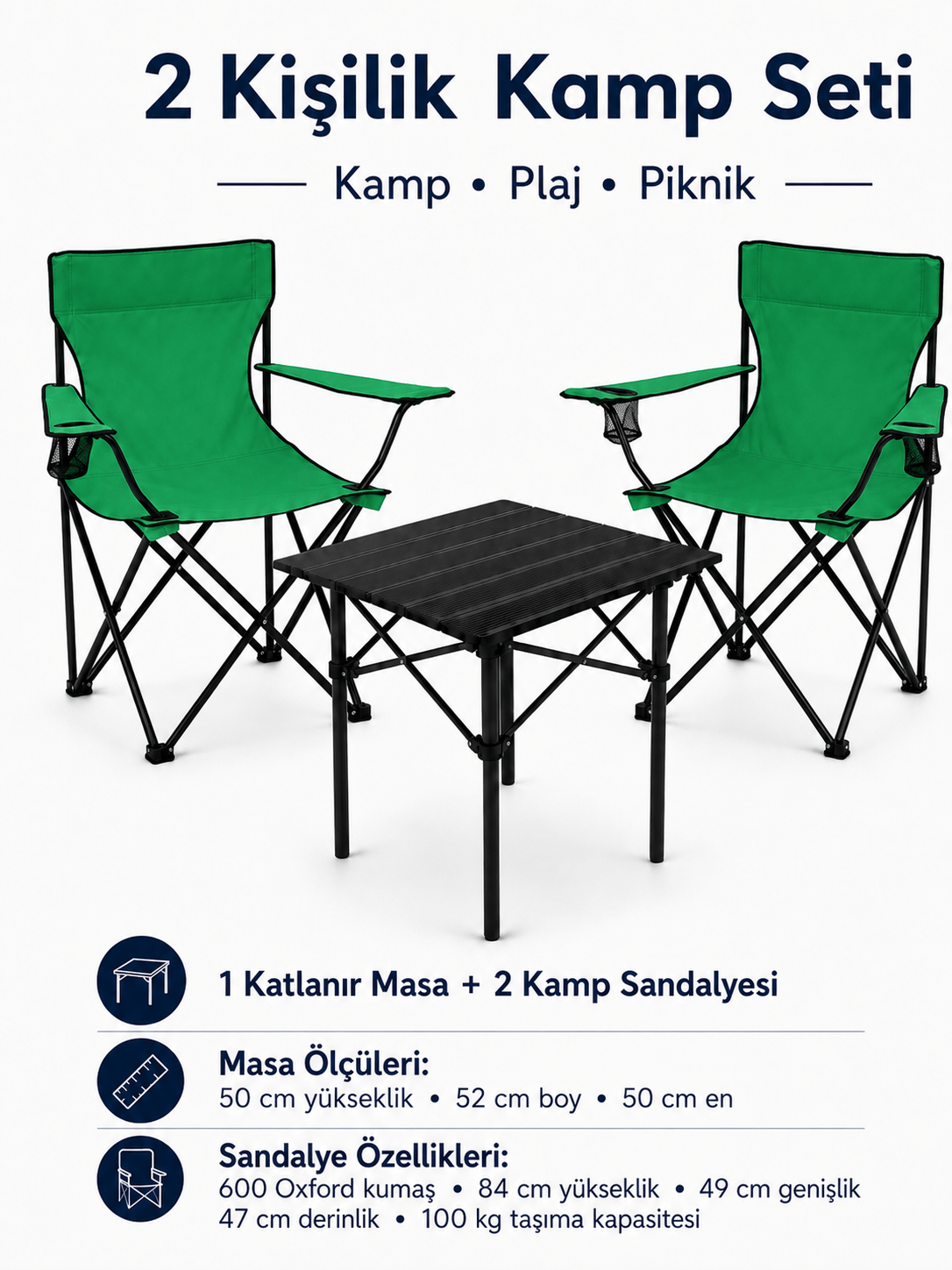2 Sandalyeli Katlanır Kamp Seti 52 cm Masa ve Sandalye