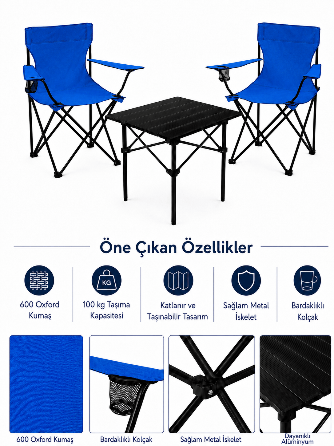 2 Sandalyeli Katlanır Kamp Seti 52 cm Masa ve Sandalye