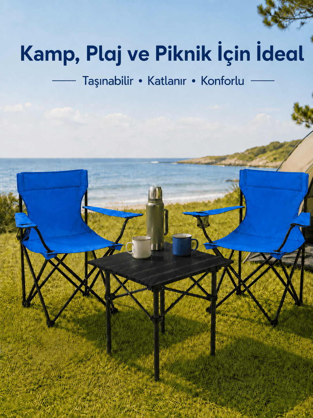 2 Sandalyeli Katlanır Kamp Seti 52 cm Masa ve Sandalye