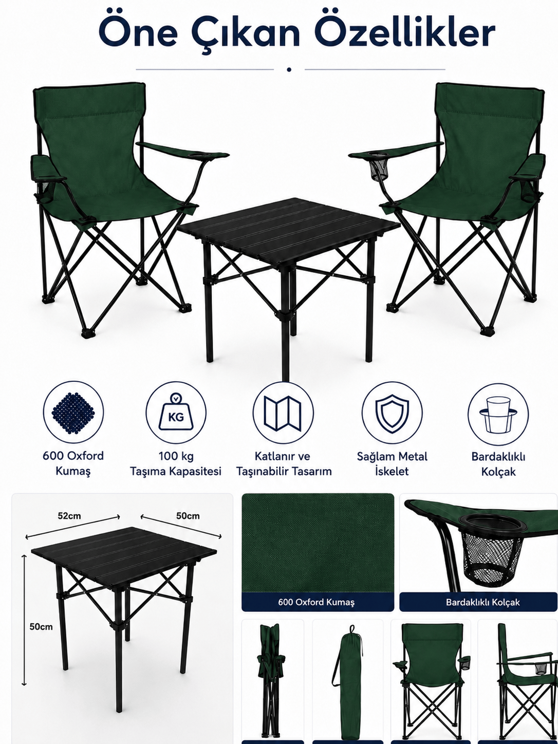2 Sandalyeli Katlanır Kamp Seti 52 cm Masa ve Sandalye