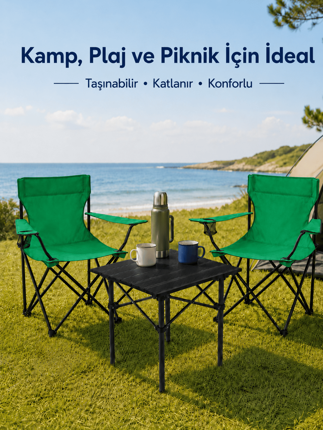 2 Sandalyeli Katlanır Kamp Seti 52 cm Masa ve Sandalye