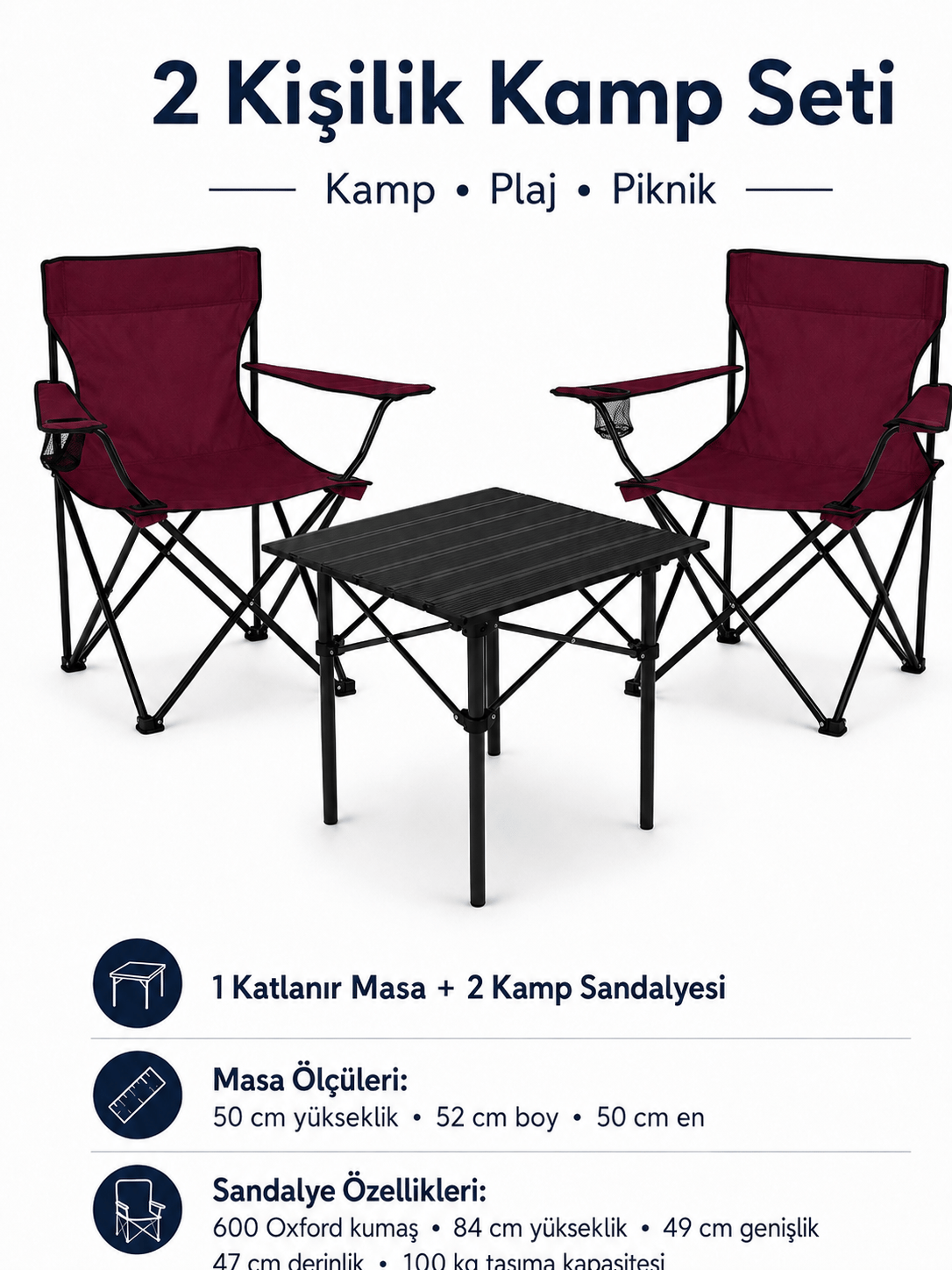 2 Sandalyeli Katlanır Kamp Seti 52 cm Masa ve Sandalye