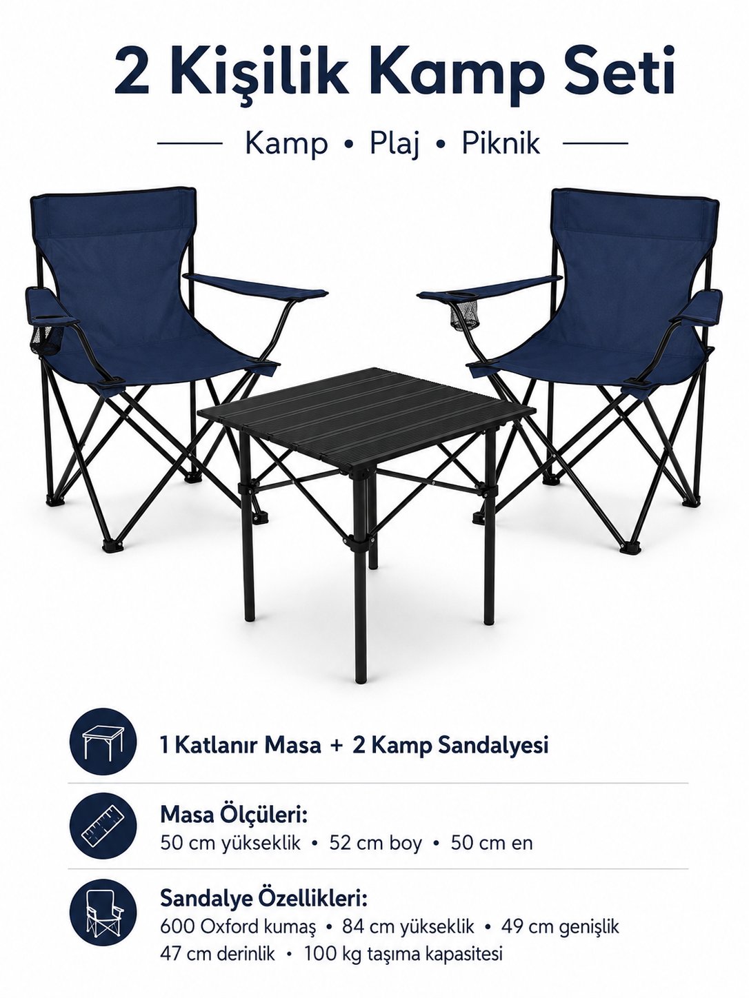 2 Sandalyeli Katlanır Kamp Seti 52 cm Masa ve Sandalye