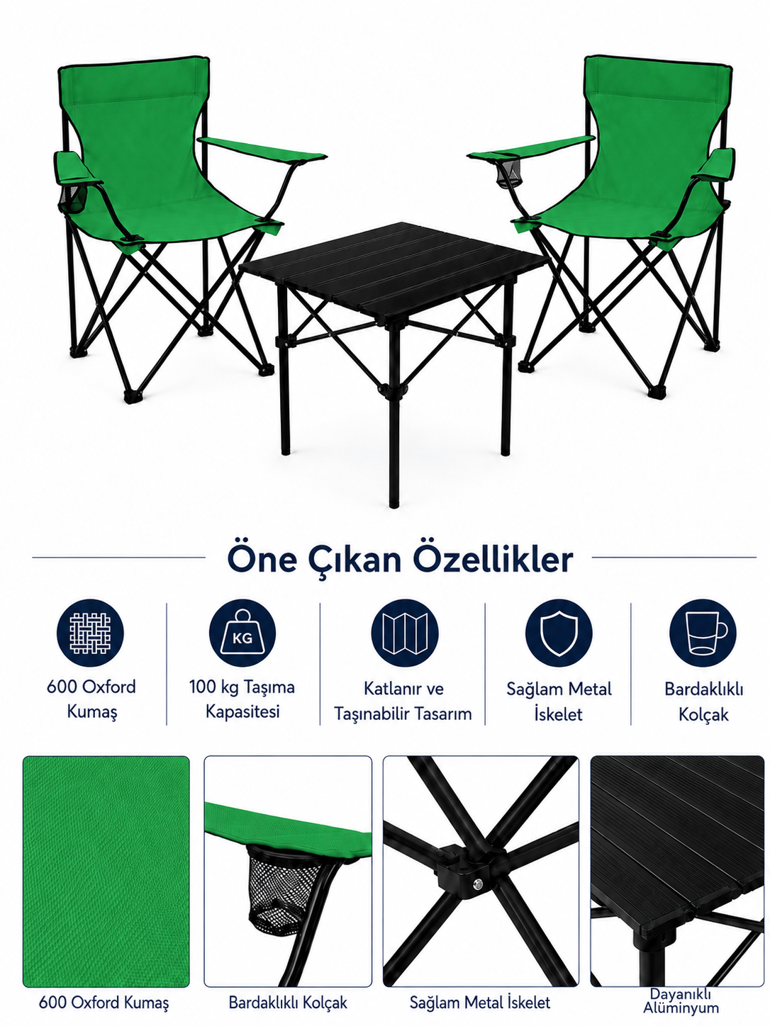 2 Sandalyeli Katlanır Kamp Seti 52 cm Masa ve Sandalye