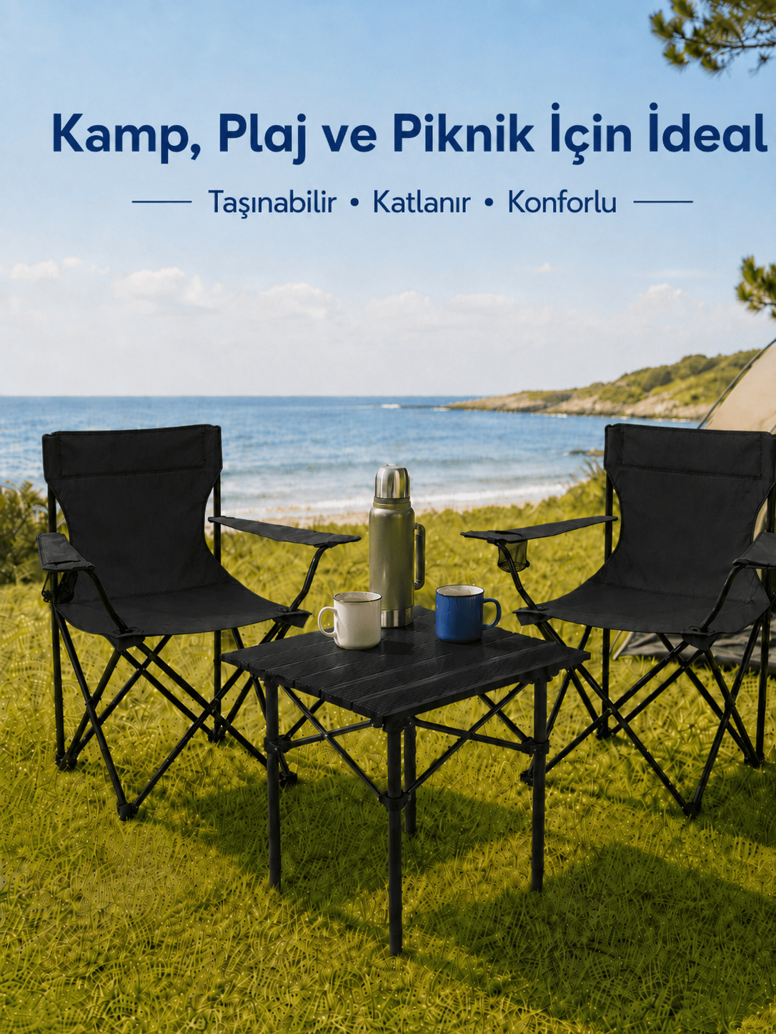 2 Sandalyeli Katlanır Kamp Seti 52 cm Masa ve Sandalye