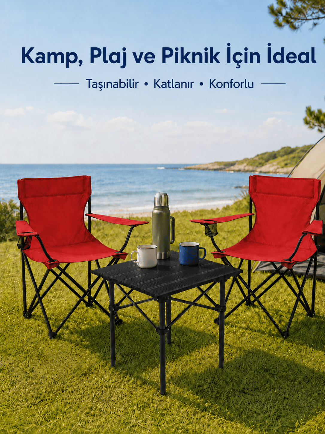 2 Sandalyeli Katlanır Kamp Seti 52 cm Masa ve Sandalye