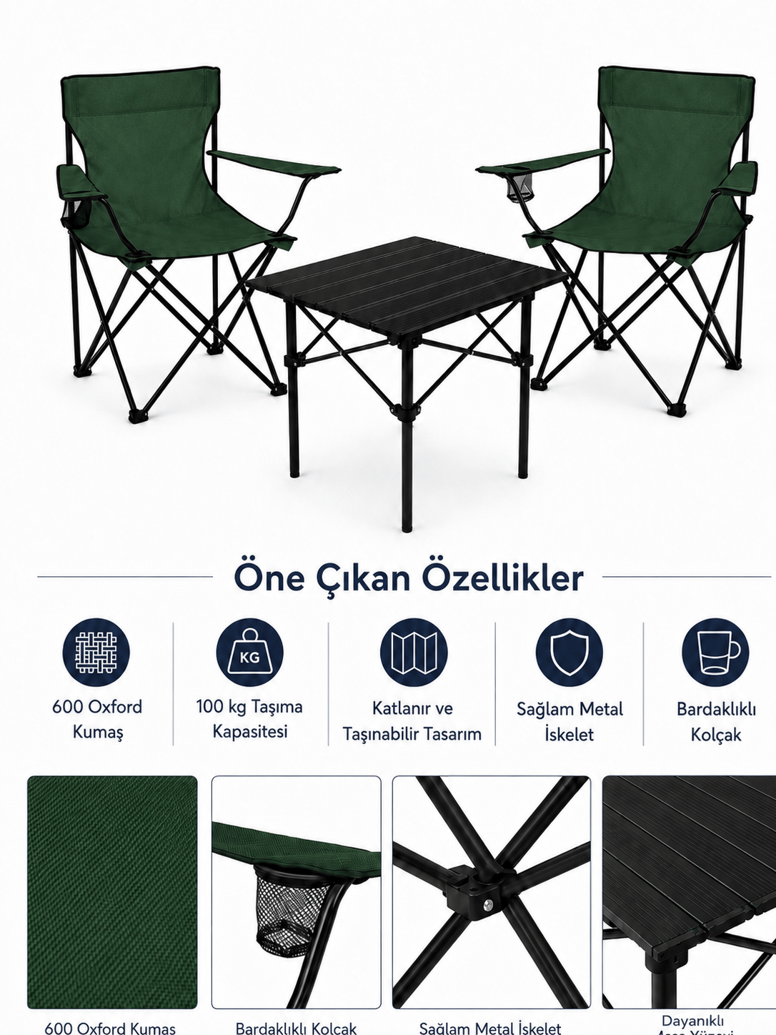 2 Sandalyeli Katlanır Kamp Seti 52 cm Masa ve Sandalye